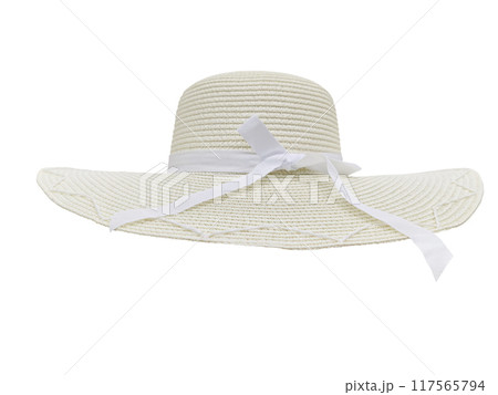 Straw vintage hat. Beach hat. Isolated on white background. 117565794