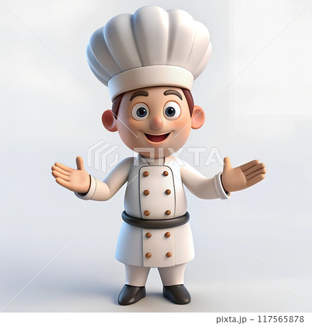 Animated Chef Character Welcoming You with Open Arms, Wearing a White Uniform and Traditional Chef's Hat 117565878