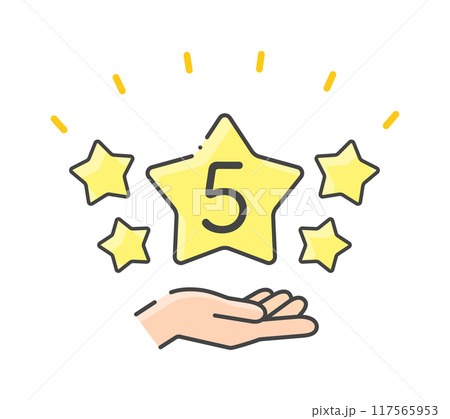 キラキラ光っている5つ星を持っている人の手のアイコン - 5段階評価やレビューのイメージ素材 117565953