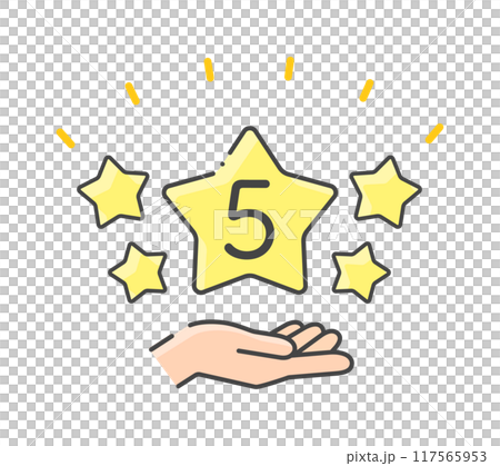 キラキラ光っている5つ星を持っている人の手のアイコン - 5段階評価やレビューのイメージ素材 117565953