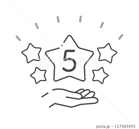 キラキラ光っている5つ星を持っている人の手のアイコン - 5段階評価やレビューのイメージ素材 117565955
