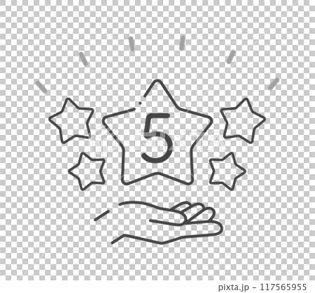 キラキラ光っている5つ星を持っている人の手のアイコン - 5段階評価やレビューのイメージ素材 117565955
