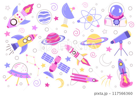 A colorful set of space-themed elements featuring rockets, planets, UFOs, and satellites. Perfect for children's products, educational materials, and creative projects with a playful and whimsical spa 117566360