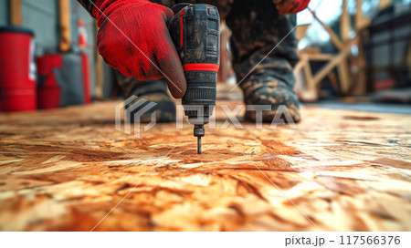 Construction worker using electric drill on oriented strand board (OSB) flooring installation. Action in middle of construction or renovation wood house. A hard work, tools in hands-on setting Construction worker using electric drill on oriented strand board (OSB) flooring installation. Action in middle of construction or renovation wood house. A hard work, tools in hands-on setting 117566376