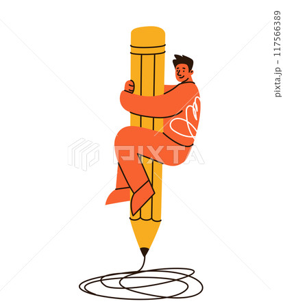 Young man climbing on huge yellow pencil. Vector illustration. Flat fun education concept design. Cute red modern character isolated on white background 117566389