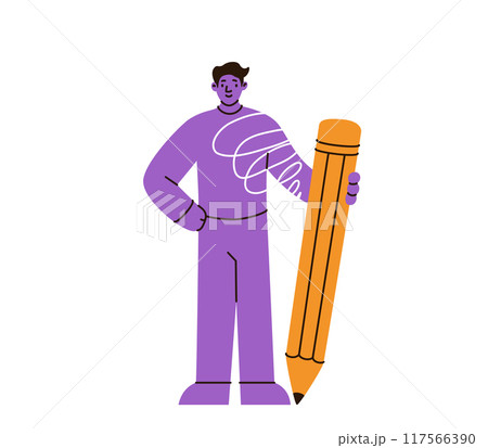 Young man standing in superman pose and holding huge yellow pencil vector illustration. Flat education concept design. Cute purple modern study hero character isolated on white background Young man standing in superman pose and holding huge yellow pencil vector illustration. Flat education concept design. Cute purple modern study hero character isolated on white background 117566390