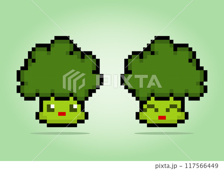 8 bit pixel broccoli characters. Vegetable game assets in vector illustrations. 117566449