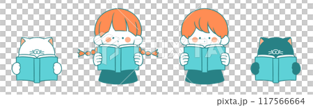 A child reading a book and a cat 117566664