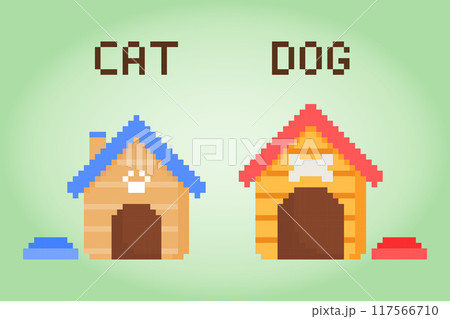 8 bit pixel house for dog and cat. barkitecture for game assets and cross stitches in vector illustrations. 117566710