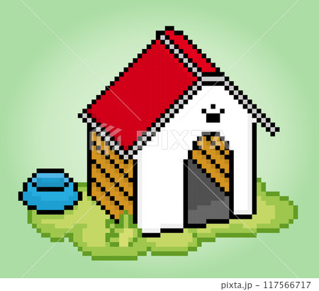 8 bit pixel house for dogs. barkitecture for game assets and cross stitches in vector illustrations. 117566717