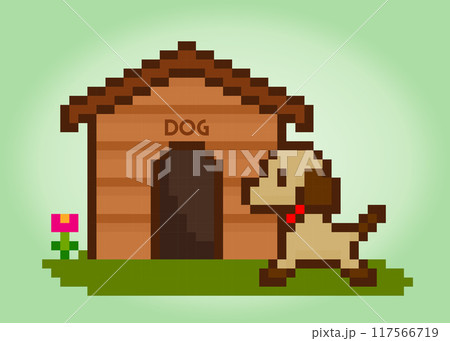 8 bit pixel house for dogs. barkitecture for game assets and cross stitches in vector illustrations. 117566719