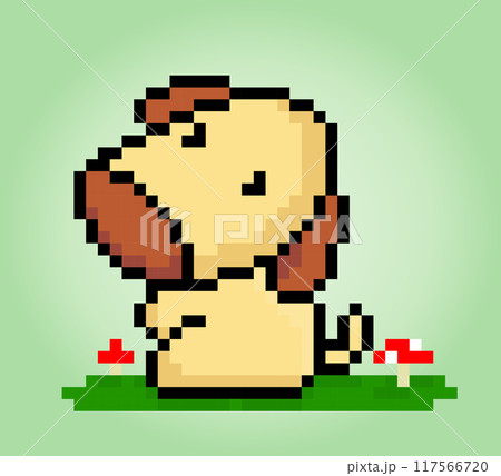 8 bit pixel sitting puppy . Animals for asset games in vector illustrations. Cross Stitch pattern. 117566720
