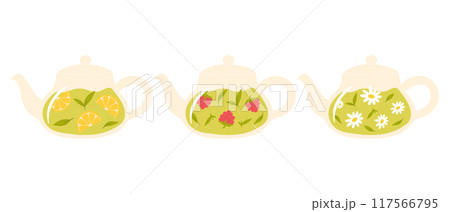 Set of teapots with tea. Collection of teapots with green, herbal and berry tea. Vector illustration. Set of teapots with tea. Collection of teapots with green, herbal and berry tea. Vector illustration. 117566795