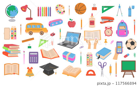 Big set of school supplies and stationery. Cute accessories for study, school, university. Back to school. Big set of school supplies and stationery. Cute accessories for study, school, university. Back to school. 117566894