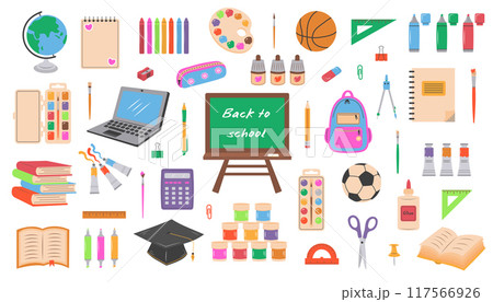 Big set of school supplies and stationery. Cute accessories for study, school, university. Back to school. Big set of school supplies and stationery. Cute accessories for study, school, university. Back to school. 117566926