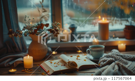 Close-up of a cozy home corner with a cup of hot tea or coffee on a wooden table. Nearby lies an open book Close-up of a cozy home corner with a cup of hot tea or coffee on a wooden table. Nearby lies an open book 117567064