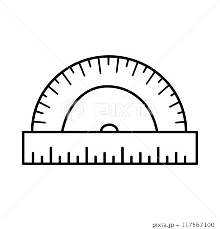Protractor ruler doodle icon. Measuring Tool. School symbol drawing in line art. Protractor ruler doodle icon. Measuring Tool. School symbol drawing in line art. 117567100