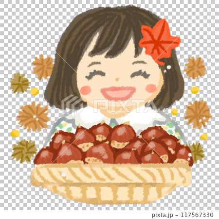 Smiling girl holding lots of chestnuts Smiling girl holding lots of chestnuts 117567330
