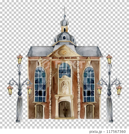 Old European city town street house church. Historical cityscape religious building, lamp posts. Watercolor hand drawn illustration. Tourist shops, souvenirs, travel brochures, architectural bureau 117567360