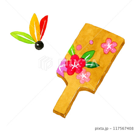 羽子板・羽根突き 手描き水彩イラスト素材・年賀状素材のイラスト素材