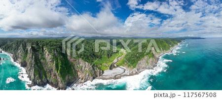 空撮「岩手県」圧倒的な高さの鵜の巣断崖をドローンで海側から撮影　田野畑村　パノラマ 117567508