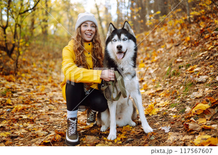 Smiling woman in a yellow coat walks with her cute pet Husky in the autumn forest in sunny weather. 117567607