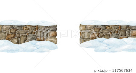 Winter time stone wall with covered with snow center entrance. Painted illustration. Hand drawn stone wall covered with snowdrifts. Outdoors countryside landscape element on white background 117567634