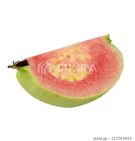Guava is a tropical fruit with pink juicy flesh and a strong sweet aroma with leaf a white background Guava is a tropical fruit with pink juicy flesh and a strong sweet aroma with leaf a white background 117567653