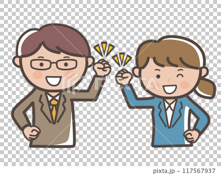 Upper body illustration of male and female businessmen with a boss and subordinates full of enthusiasm in a fist pump 117567937