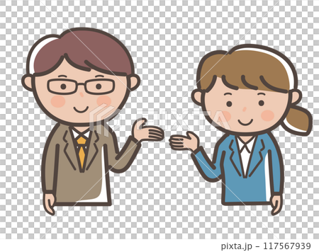 案内する上司と部下イメージの男女ビジネスマンの上半身イラスト 案内する上司と部下イメージの男女ビジネスマンの上半身イラスト 117567939