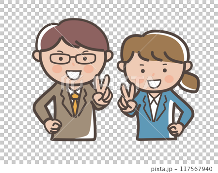 Illustration of the upper body of a male and female businessman, a boss and subordinate making a peace sign with a smile 117567940