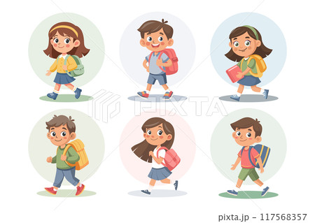 Cute schoolgirls and schoolboys with school backpack going to school. Set of pupils characters. Flat style illustration Cute schoolgirls and schoolboys with school backpack going to school. Set of pupils characters. Flat style illustration 117568357