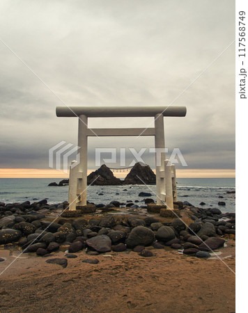 福岡県糸島市　桜井二見ヶ浦の鳥居と夫婦岩 117568749