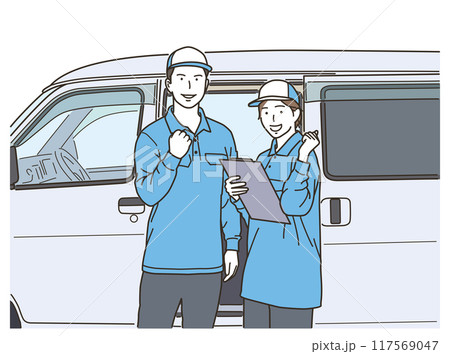 車の前でガッツポーズをする配送ドライバーの男性と女性 117569047