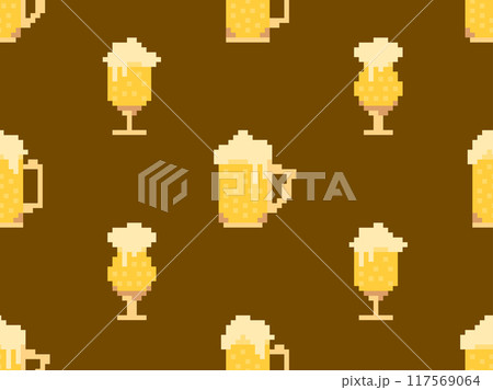 Seamless pattern with beer glasses in pixel style. 8 bit beer mug with foam. Pixel beer in 8-bit retro graphics style of 80s and 90s. Design for banners and posters. Vector illustration 117569064