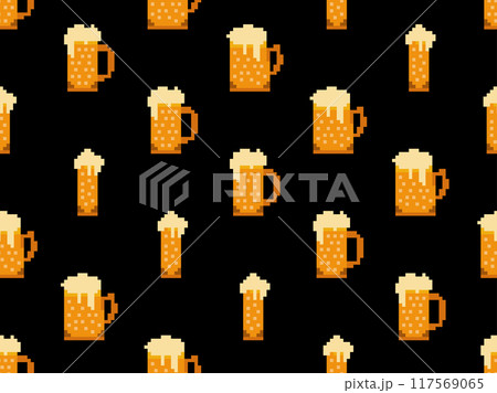 Seamless pattern with beer glasses in pixel style. 8 bit beer mug with foam. Pixel beer in 8-bit retro graphics style of 80s and 90s. Design for banners and posters. Vector illustration 117569065