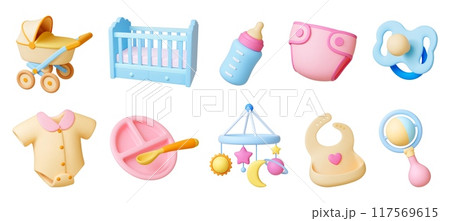 3d baby elements. Baby stroller and cradle, pacifier mobile and plate. Realistic render style newborn icons. Isolated toddler equipment pithy vector set 3d baby elements. Baby stroller and cradle, pacifier mobile and plate. Realistic render style newborn icons. Isolated toddler equipment pithy vector set 117569615