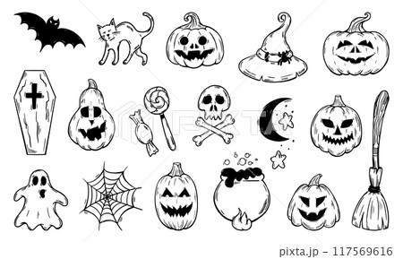 Doodle halloween elements. Spooky hand drawn pumpkins, witch hat and broom, spiderweb and ghost. Sketch autumn fest icons, neoteric vector set 117569616