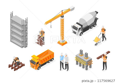 Isometric construction process. Building constructions, builders with equipment and tools. Workers in uniform and special transport, flawless vector set 117569627