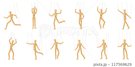 Wooden marionette. Wood puppets in different body poses, gestures and actions. Manikin for art lessons, dolls for artist training snugly vector set Wooden marionette. Wood puppets in different body poses, gestures and actions. Manikin for art lessons, dolls for artist training snugly vector set 117569629
