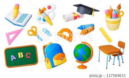 3d school supplies. Education lesson icons render style. Pencil globe school bag diploma scroll graduation hat. Pithy vector realistic collection 117569631
