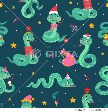 Cute snakes seamless pattern. Christmas new year snake, winter holiday printable template for fabric wrapping posters. Cartoon nowaday vector background 117569634