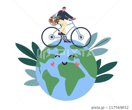 Young man riding bike. Eco concept, save environment, not air pollution and zero waste. Happy earth planet and vector guy with fabric shopping bag on bicycle 117569652