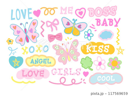Pastel vector of butterfly, clover leaf, flower, pink bow, heart, messages such as angel, boss baby, kiss, cool, girls for animal, picnic, summer, women empowerment, font, typography, pink elements 117569659