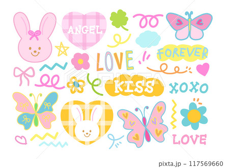 Pastel illustration of bunny, butterfly, clover leaf, flower, pink ribbon, text messages including angel, love, kiss, xoxo, forever for animal, happy easter, cartoon character, comic, mascot, brooch Pastel illustration of bunny, butterfly, clover leaf, flower, pink ribbon, text messages including angel, love, kiss, xoxo, forever for animal, happy easter, cartoon character, comic, mascot, brooch 117569660