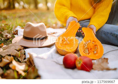 Autumn outdoor picnic at the park. Concept with a plaid blanket picnic, pumpkin and fruits. 117569667