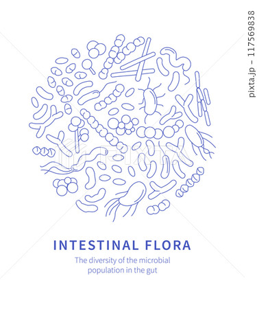 Vector illustration of microbiome bacteria, featuring beneficial and pathogenic intestinal flora. 117569838