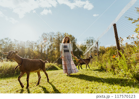 Two Nubian goats graze on a free-range pasture while a woman walks beside them. The environment is serene and eco-friendly, ideal for sustainable agriculture Two Nubian goats graze on a free-range pasture while a woman walks beside them. The environment is serene and eco-friendly, ideal for sustainable agriculture 117570123
