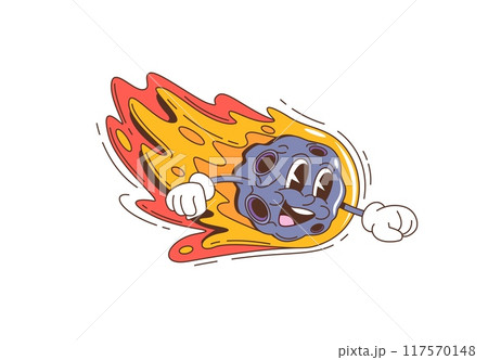 Retro groovy asteroid or comet cartoon character with funky funny face, vector 70s comic art. Groovy space asteroid or galaxy comet meteor with fire tail and happy smiling face for emoji or emoticon 117570148