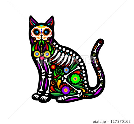 Mexican cat animal tattoo with skeleton bones and flowers ornament, vector icon. Day of the Dead or Dia De Los Muertos Mexican holiday cat with calavera skull and ethnic floral ornament for tattoo 117570162
